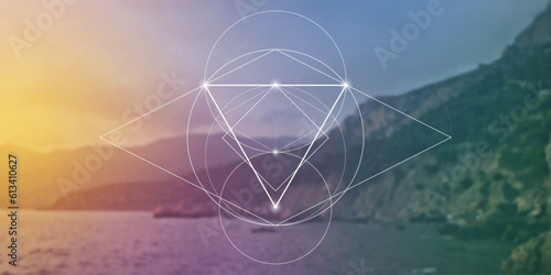 Sacred geometry spiritual new age futuristic illustration with transmutation interlocking circles, triangles and glowing particles