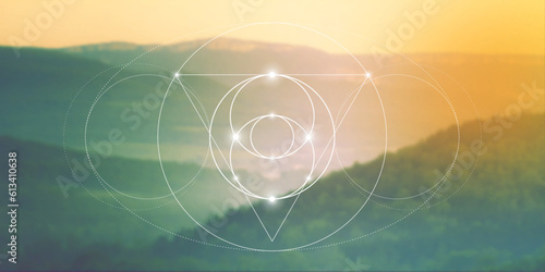 Sacred geometry spiritual new age futuristic illustration with transmutation interlocking circles, triangles and glowing particles photo