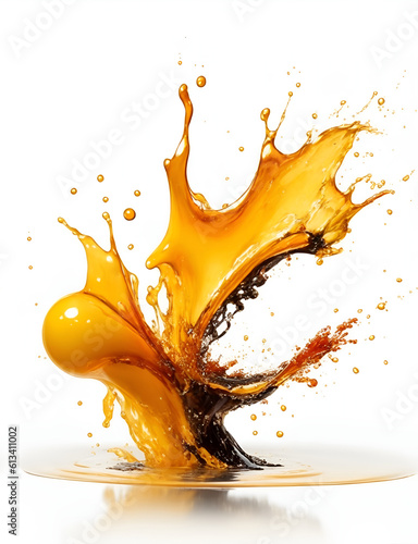 Oil, orange or lemon juice splashes, liquid yellow drink streams with drops. Fruit beverage elements for advertising or package design. Fresh splashing .