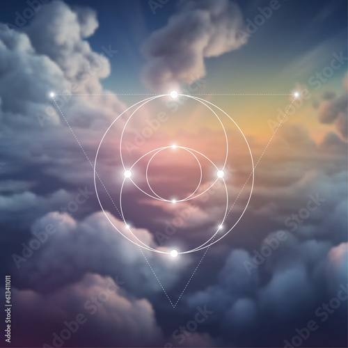 Sacred geometry spiritual new age futuristic illustration with transmutation interlocking circles, triangles and glowing particles