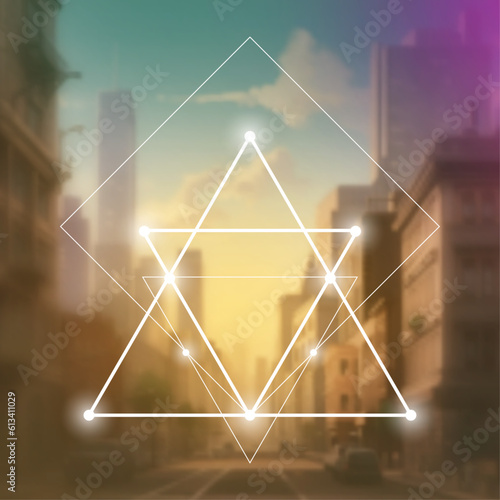 Sacred geometry spiritual new age futuristic illustration with transmutation interlocking circles, triangles and glowing particles