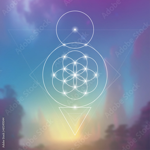 Flower of life. Tree of life. Sacred geometry spiritual new age futuristic illustration with transmutation interlocking circles, triangles and glowing particles