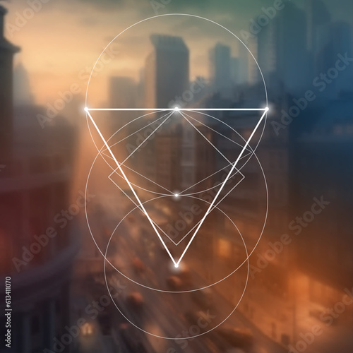 Sacred geometry spiritual new age futuristic illustration with transmutation interlocking circles, triangles and glowing particles