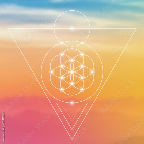 Flower of life. Tree of life. Sacred geometry spiritual new age futuristic illustration with transmutation interlocking circles, triangles and glowing particles