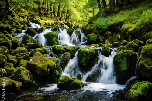 Waterfall Landscape with Moss-Covered Rocks - Serene Cascades and Natural Beauty  Generative AI