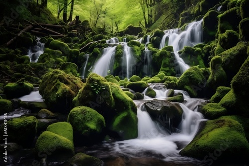 Waterfall Landscape with Moss-Covered Rocks - Serene Cascades and Natural Beauty  Generative AI