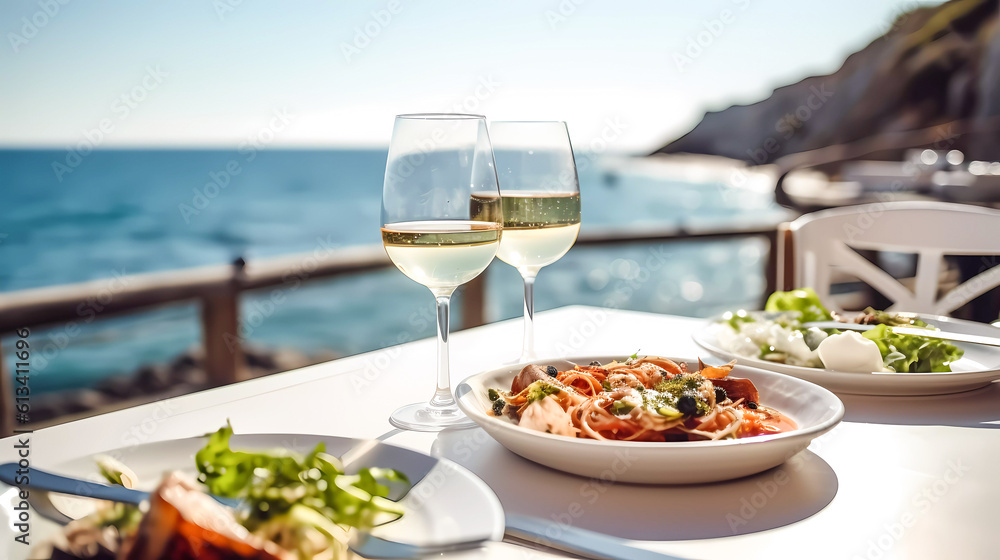 Restaurant outdoor near the sea at summer with fish food Restaurant outdoor near the sea at summer with fish food