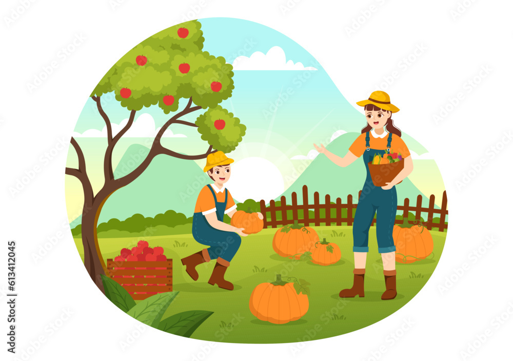Fototapeta premium Harvest Season Vector Illustration with Autumn of Pumpkins and Seasonal Agricultural on a Farm in Flat Cartoon Hand Drawn Background Templates