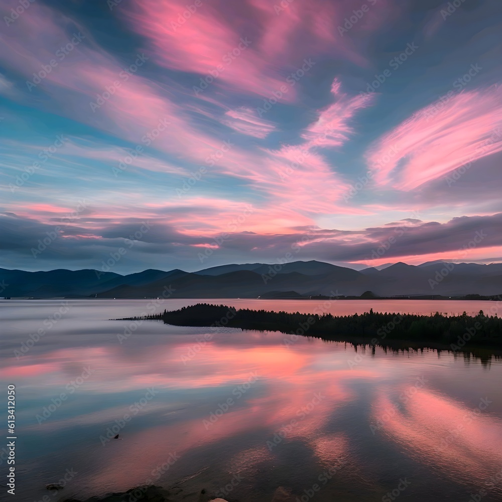 Beautiful summer horizon with lake reflecting the pastel pink sky