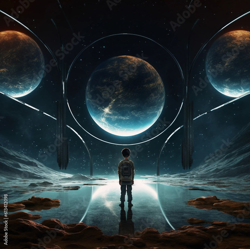 Concept Art Depicting a Young Boy Learning About Astronomy Generative AI