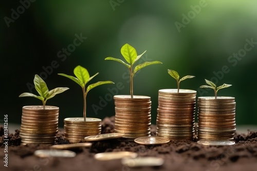 Gold coins and plants, seedlings growing on gold coins, money growing. Gold coins in soil with seedlings