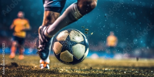 Close Up Football or Soccer Player Foot Playing With the Ball in Stadium. Generative AI