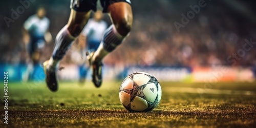 Close Up Football or Soccer Player Foot Playing With the Ball in Stadium. Generative AI © CYBERUSS