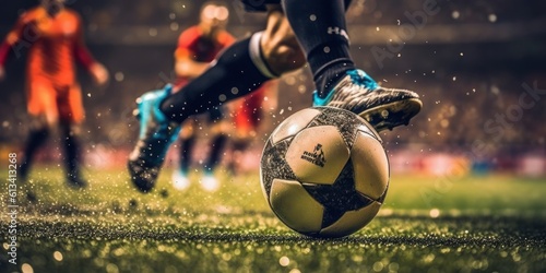 Fotografie, Tablou Close Up Football or Soccer Player Foot Playing With the Ball in Stadium