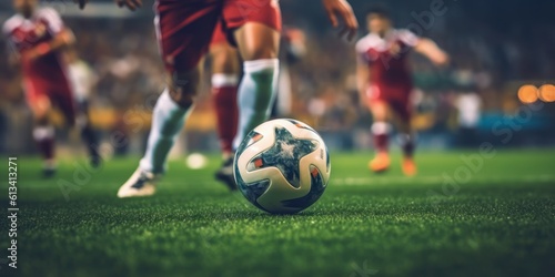 Close Up Football or Soccer Player Foot Playing With the Ball in Stadium. Generative AI