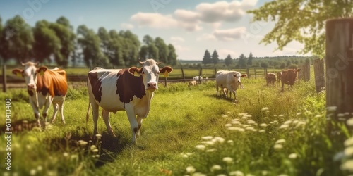Cow on Green Field Sunny Light Background  Cows Farm. Generative Ai