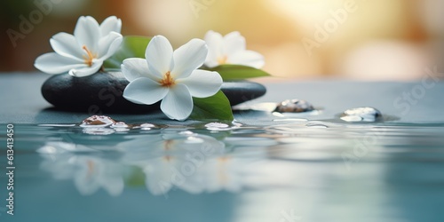 Spa Still Life with Stones and Flowers in Serenity Water. Natural Alternative Therapy. Generative Ai