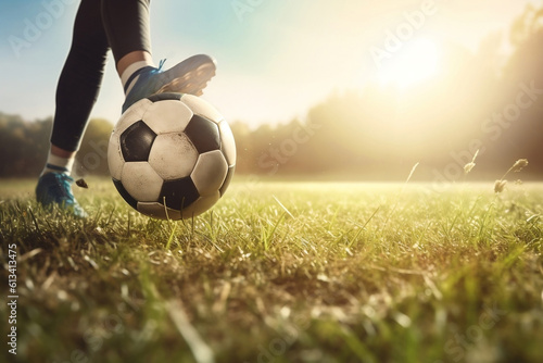 Soccer ball being kicked on grass sports field with copy space. 