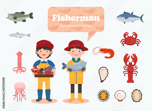 fisherman business job. Isolated worker people and seafood elements, Flat design vector illustration
