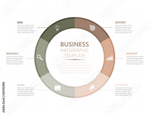 Six Steps Work Process Circle Business Infographic Template, Circle Advertising Chart Diagram Presentation