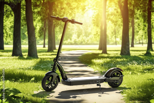 Electric scooter stand in autumn park. Generative AI