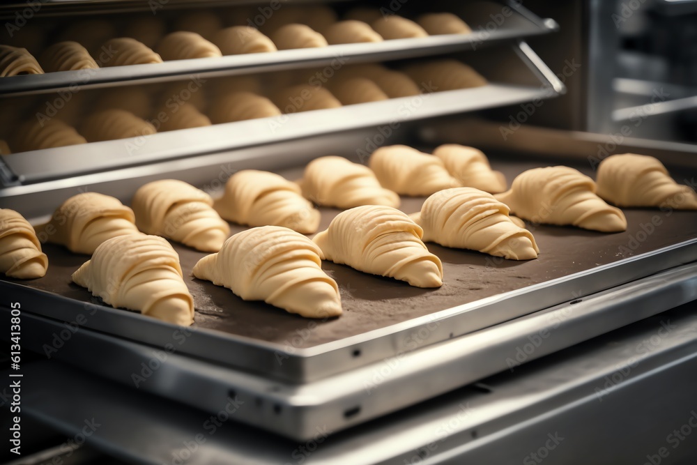French Croissants on a Baking Sheet. Croissant in bakery. Generative AI French Croissants on a Baking Sheet. Croissant in bakery. Generative AI