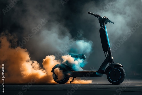 Electric Scooter catch Fire, Battery blast explosion, smoke from e-scooter. Charging electric scooter safety. generative AI.