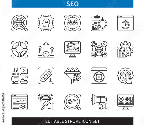 Editable line SEO outline icon set. Business, Teamwork, Schedule, Pay per Click, Optimization, Social media, Keywords, Monitoring, Marketing. Editable stroke icons EPS