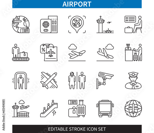 Editable line Airport outline icon set. Plane, Takeoff, Landing, Customs, Check-in, Travel, Luggage, Security. Editable stroke icons EPS
