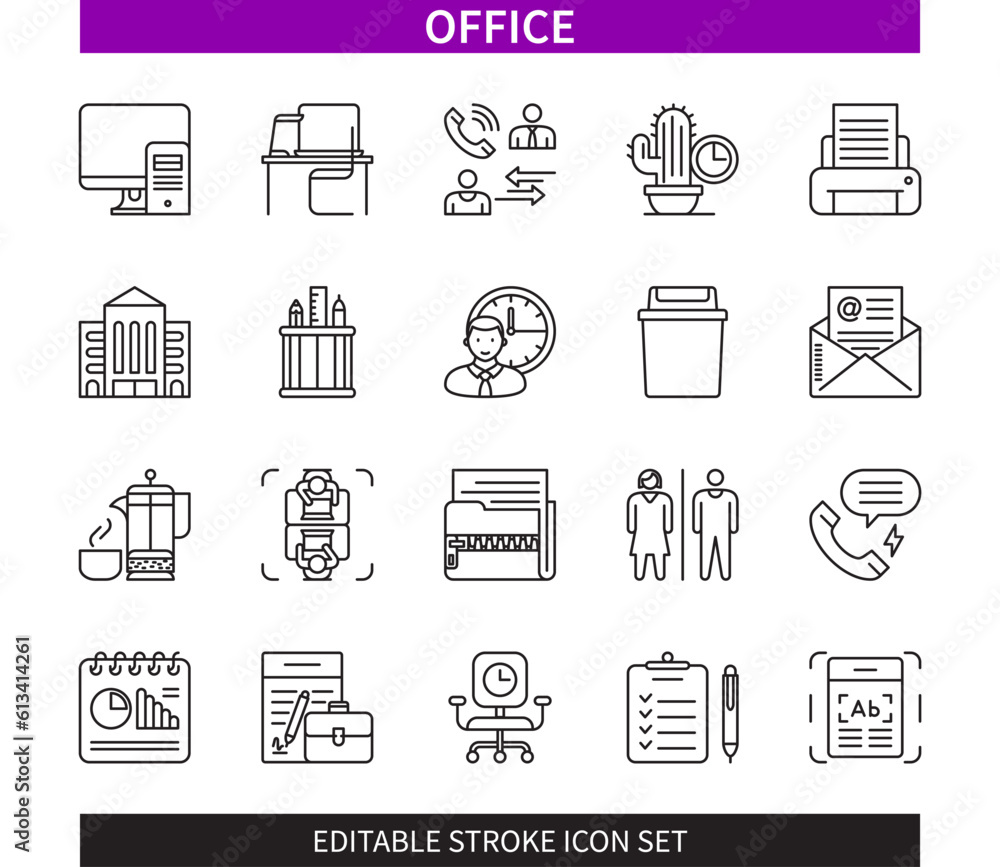 Editable line Office outline icon set. Computer, Desk, Office Space, Printer, Working Time, Archive, Calling, Document. Editable stroke icons EPS Editable line Office outline icon set. Computer, Desk, Office Space, Printer, Working Time, Archive, Calling, Document. Editable stroke icons EPS