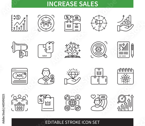 Fototapeta Naklejka Na Ścianę i Meble -  Editable line Increase sales outline icon set. Profit, Growth, Marketing, Trending, Sales, Strategy, Social Media, Events. Editable stroke icons EPS