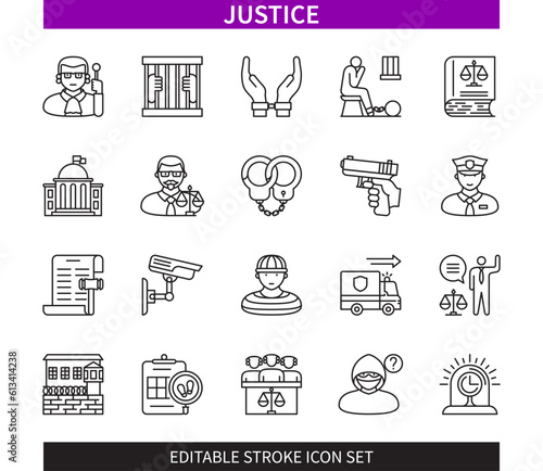 Editable line Justice outline icon set. Lawyer, Jail, Arrest, Judge, Prison, Investigation, Handcuffs, Repentance. Editable stroke icons EPS