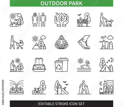 Editable line Outdoor Park outline icon set. Pond, Fountain, Dog Walking, Running, City Park, Camp, Playground, Sport Activities. Editable stroke icons EPS