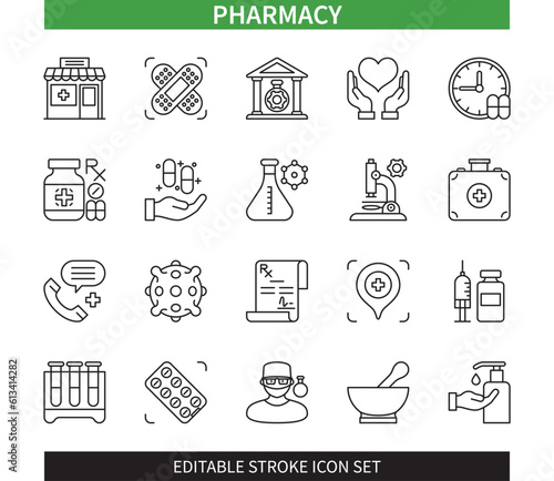 Editable line Pharmacy outline icon set. Consulting, Bandage, Prescription, Medicine, Pharmacist, Healthcare, Laboratory, Doze. Editable stroke icons EPS