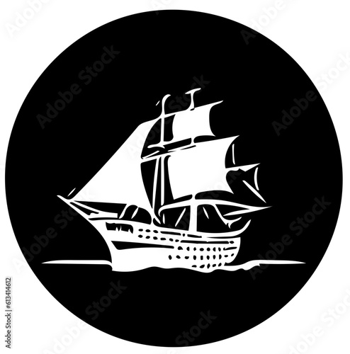 Black and white vector illustration of a big sailing ship, logo design of a ship
