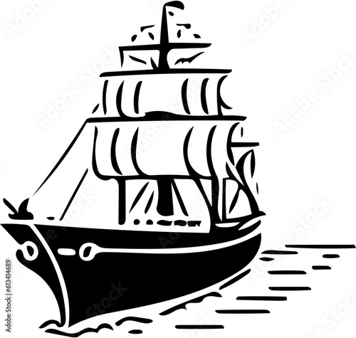 Black and white vector illustration of a big sailing ship, logo design of a ship