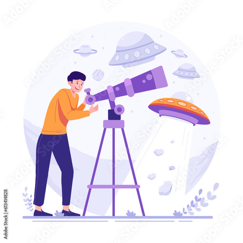Man looking at UFO with telescope flat illustration