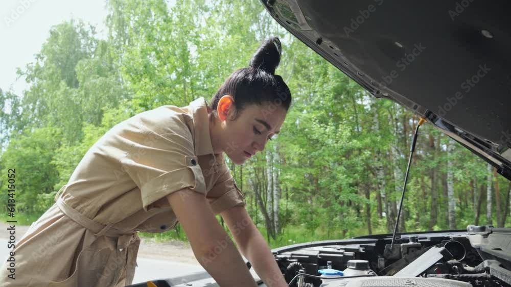 Black-haired woman driver tries to fix engine defect without car ...