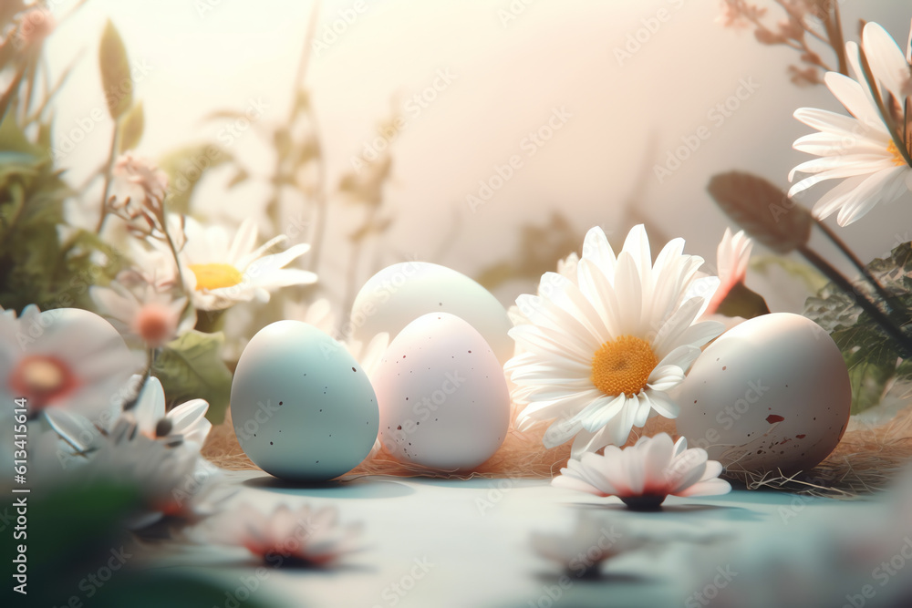 Blank copy space in the middle surrounded by easter background with pastel color flowes, Generative AI. Blank copy space in the middle surrounded by easter background with pastel color flowes, Generative AI.