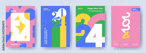 Creative concept of 2024 Happy New Year posters set. Design templates with typography logo 2024 for celebration and season decoration. Minimalistic trendy backgrounds for branding, banner, cover, card