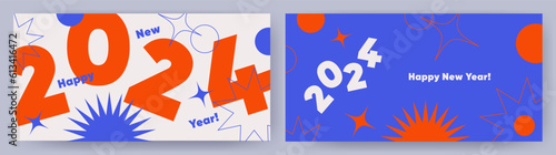 Creative concept of 2024 Happy New Year posters set. Design templates with typography logo 2024 for celebration and season decoration. Minimalistic trendy backgrounds for branding, banner, cover, card