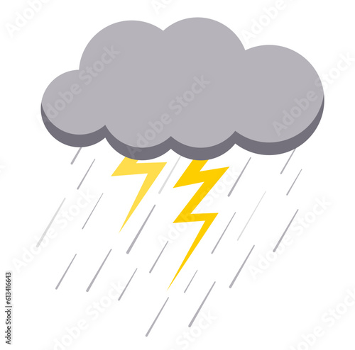 Cloud rain and lightning bad weather icon isolated on white background. Meteorology illustration of  thunderstorm. Rainy cloud vector image in flat style.