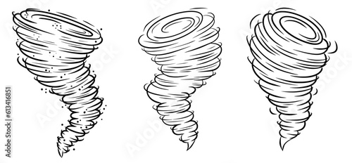 Tornado whirlwind vector icon set. Storm hurricane funnel silhouette illustration. Swirl air cyclone weather spiral symbol. Nature disaster black line vortex isolated on white background collection.