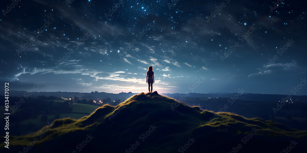 Fototapeta premium person on the top of mountain, night sky with stars
