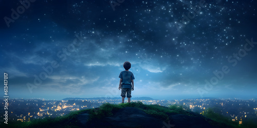Boy on the top of mountain, night sky with stars