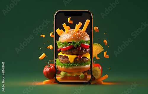 Burger and french fry appear on smartphone screen order delivery concept created with Generative AI