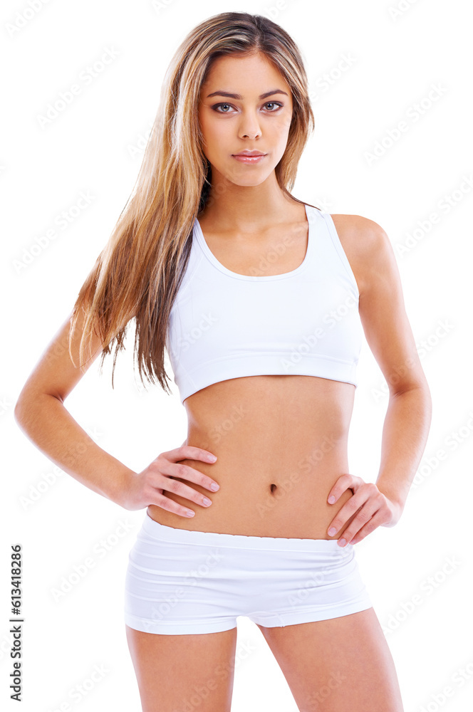 Confident woman, fitness and portrait in sportswear standing isolated on a transparent PNG background. Fit, active and sport female person in confidence with hands on hip for healthy body or exercise Confident woman, fitness and portrait in sportswear standing isolated on a transparent PNG background. Fit, active and sport female person in confidence with hands on hip for healthy body or exercise