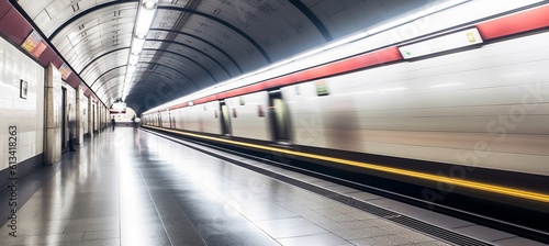 Modern train tunnel station with motion blur effect background. Generative AI technology.
