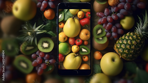 Fresh fruits app online application on smart phone screen created with Generative AI