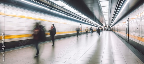 Modern train station and people on rush motion blur effect background. Generative AI technology. photo